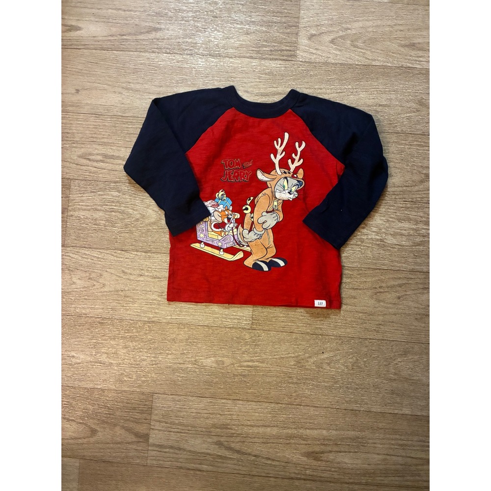 Baby Gap Tom and Jerry Christmas Raglan Shirt Red Navy Blue Toddler 4T Holiday